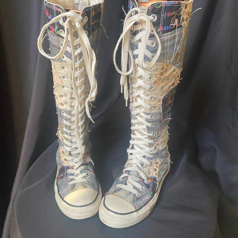 Converse. All-stars knee high patch work textiles
